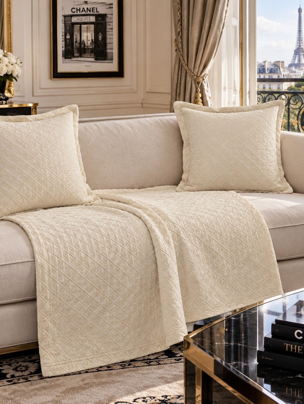Luxury Quilted Throw and Pillow Set - Cream